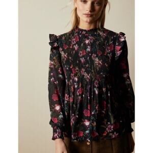 Ted Baker Enyya Fern Forest Floral High Neck Smock Blouse 4 / US 10 L